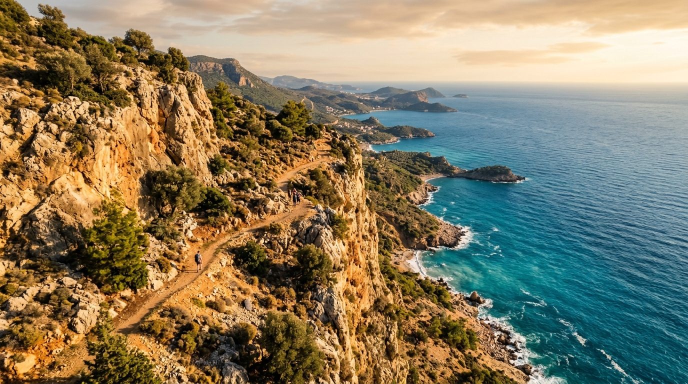 Turkish coastal cliffside trail at golden hour